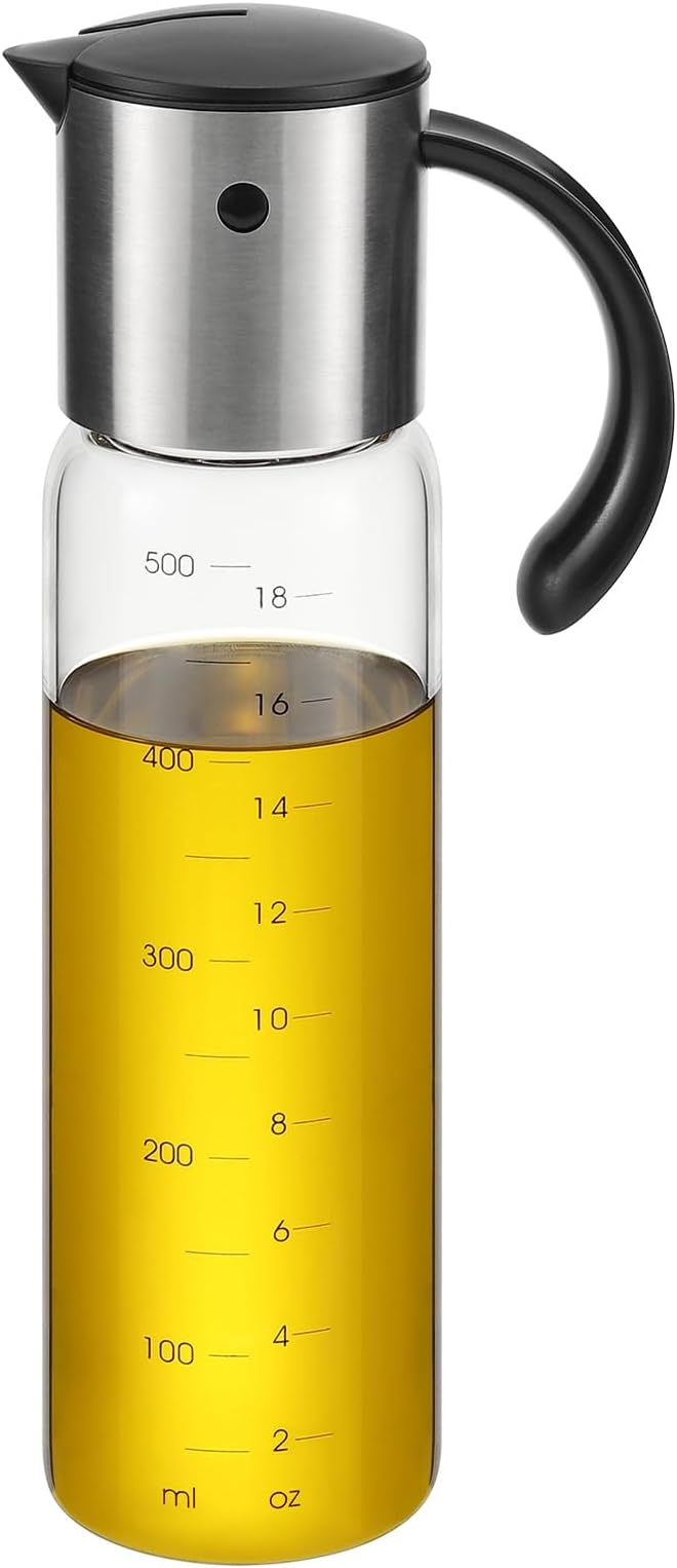 Vucchini Large Olive Oil Dispenser Bottle 17 oz Glass | Auto Flip Condiment Container Leakproof Vinegar Dispenser Cruet Stainless Steel