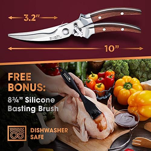 Heavy Duty Poultry Shears - Professional Stainless Steel Kitchen Scissors for Bone, Chicken, Meat, Fish & Vegetables - Spring Loaded (Brown Wood Handles)