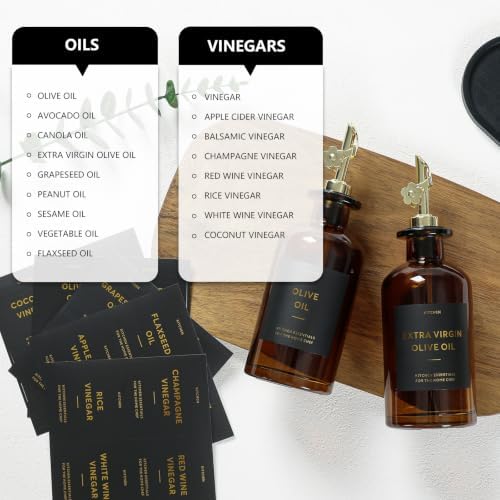 Olive Oil Dispenser for Kitchen, 2-Pack 12oz Glass Bottle with Gold Labels
