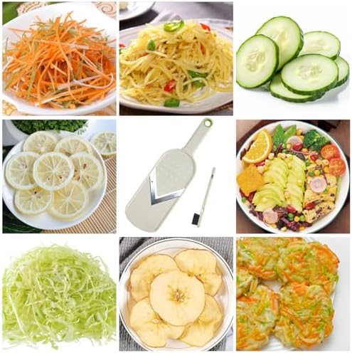 Multi Handheld Mandoline Slicer - Stainless Steel V Blade, with Cleaning Brush, Comfort Grip, Easy to Clean, for Kitchen, Vegetable Chopper, Fruit, Cheese Grater, Potato Chips Slicer (White)
