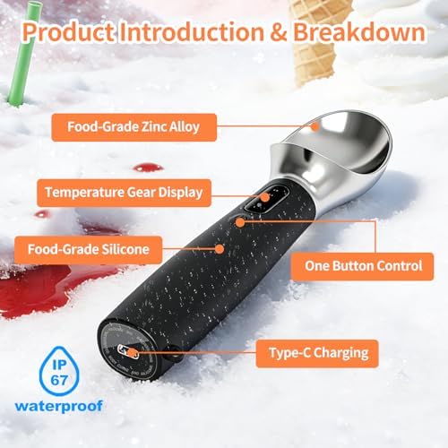 Heated Ice Cream Scoop Rechargeable, IP67 Waterproof Electric Warming Ice Cream Scooper with LED Display, Heats to 70°C for Hard Ice Cream, Easy for Seniors & Kids (Black)