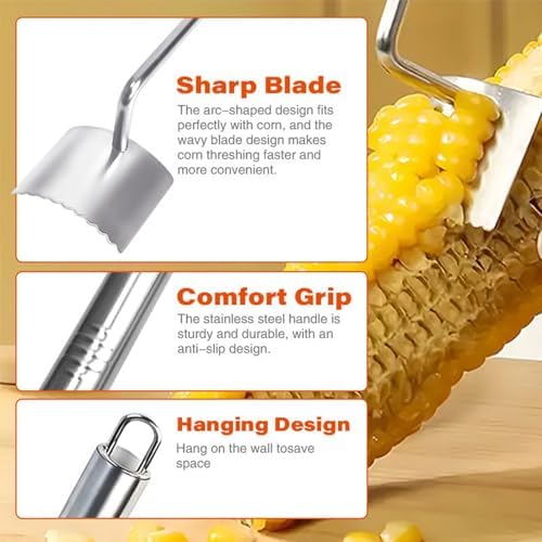 Corn Peeler For Corn On The Cob，2025 Upgrade Sawtooth Corn Cob Stripper Tool ，Ergonomic Design Ideal Tool For Long Handle Stainless Steel Corn On the Cob Stripper Tool (Silver, 1pack+1peeler)