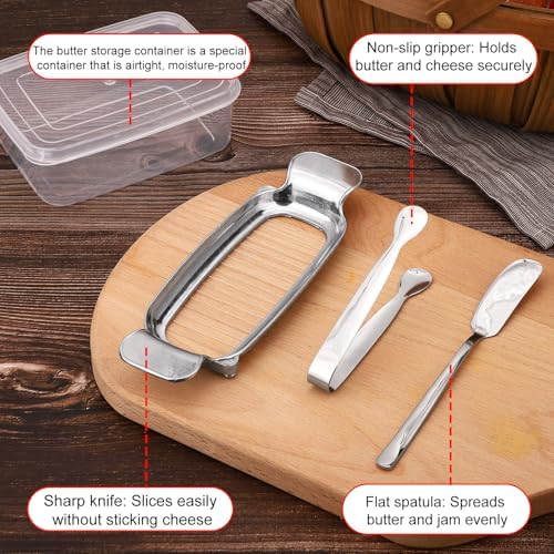 lasuroa 4pcs Butter Slicer Cutter Set with Storage Box, Stainless Steel Knife Spreader, Wire Cheese Slicer and Serving Tongs Kitchen Food Tool for Block Cheese and Butter