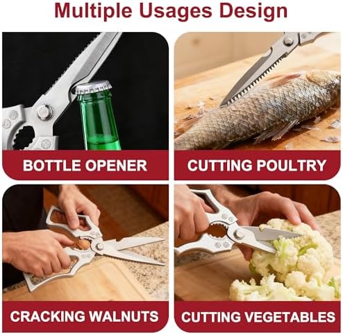 Heavy Duty Kitchen Scissors, Premium Stainless Steel Poultry Shears with Fish Scaler, Bottle Opener & Nutcracker, Multipurpose Straight Blade Food Shears for Chicken, Meat, Fish, Herbs