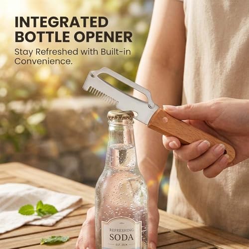 Multi-Functional Vegetable Peeler with Julienne Slicer & Bottle Opener, Stainless Steel Blade & Wooden Handle, Ergonomic Kitchen Tool for Peeling, Slicing & Shredding Fruits & Veggies (Style-B, 1PC)
