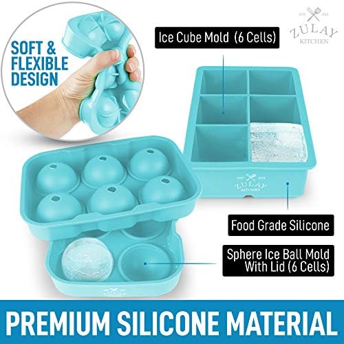 Zulay Kitchen Silicone Ice Cube Trays Set of 2 - Large Square Ice Cube Molds and Sphere Ice Ball Maker with Lid - BPA Free Reusable Ice Mold For Whiskey, Cocktails, Bourbon (Blue)