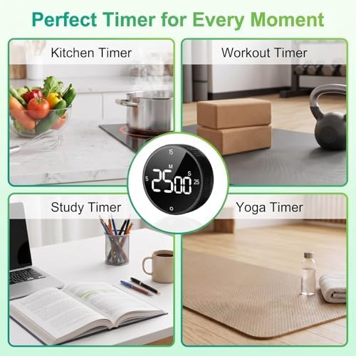 Digital Kitchen Timer, Magnetic Visual Pomodoro Clock with Large LED Display, 3 Preset Times (5/15/25) for Cooking Baking Fitness
