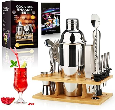 25 oz Cocktail Shaker Set 16 Pcs Mixology Bartender Kit with Stand - Professional Stainless Steel Bartending Kit - Perfect Home Bar Tool Gift Set for Drink Mixing (Silver)