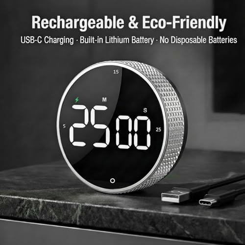 Rechargeable Magnetic Kitchen Timer with Rotary Dial, LED Display