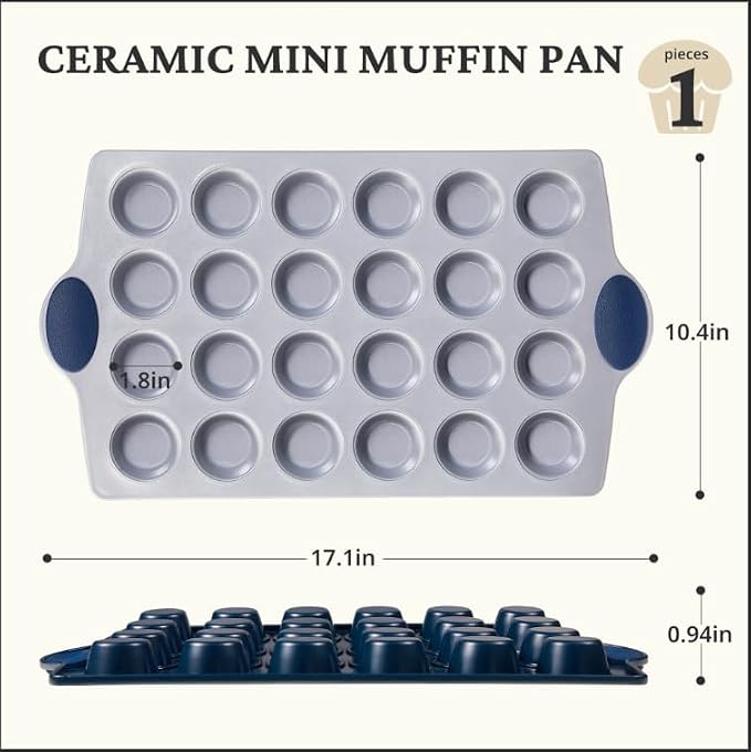 BRONYPRO 24-Cup Non Toxic Nonstick Ceramic Mini Muffin Pan & Cupcake Tin, PFOA & PFOA Free, Heavy Duty Rust-Resistant Aluminized Steel, Oven & Dishwasher Safe, Blue