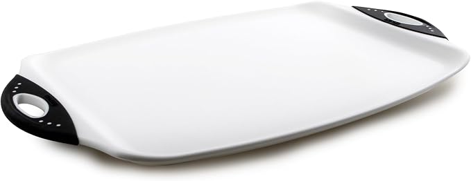 Dexas Chop & Serve Cutting Board, 12.5 x 20 Inch, Large Kitchen Prep and Serving Board with Handles, BPA-Free Dishwasher Safe, White and Black