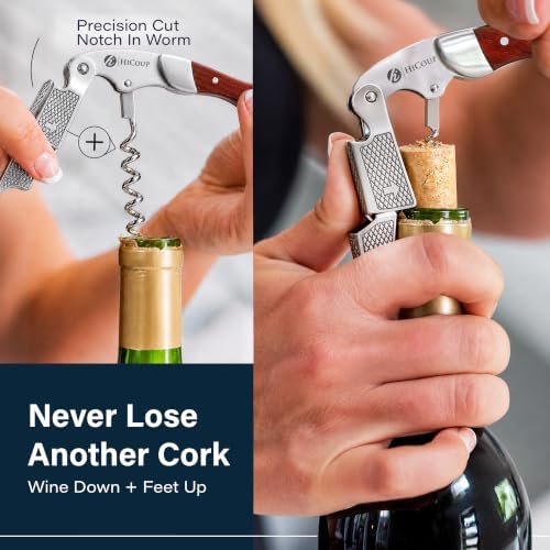 Hicoup Wine Opener - Professional Corkscrews for Wine Bottles w/Foil Cutter and Cap Remover - Manual Wine Key for Servers, Waiters, Bartenders and Home Use - Red Pearwood & Steel