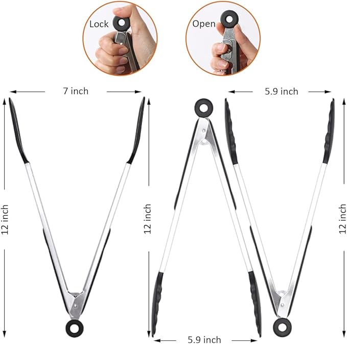 12 Inch Kitchen Tongs Set of 3, Silicone Tongs with Silicone Tips and Stainless Steel Handle, Tongs for Cooking, Baking, Grilling