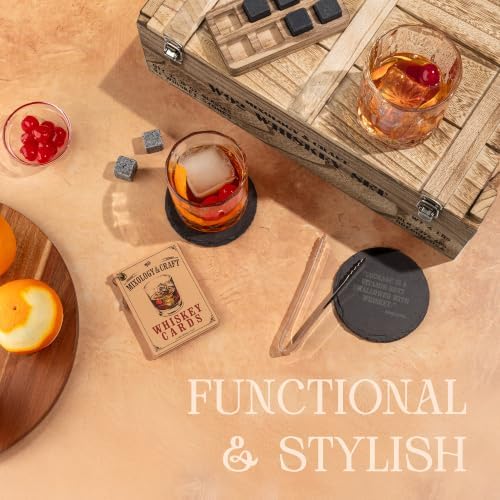 Mixology & Craft Whiskey Gift Set - Includes 2 Lead-Free Crystal Glasses, 8 Granite Chilling Stones, 2 Slate Coasters, Metal Tongs & Recipe Cards with a Wooden Army Crate Box