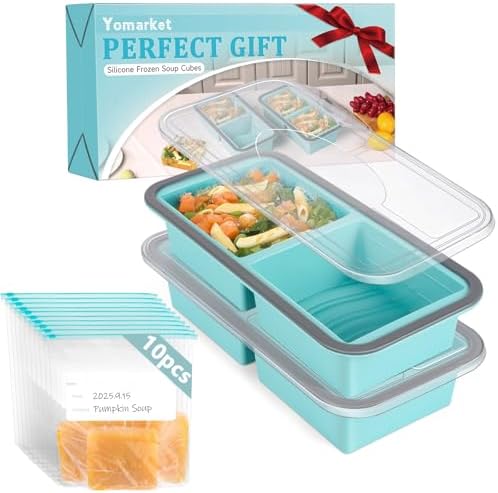 Yomarket Silicone Freezer Trays with Lids 2 Cup Soup Freezer Containers Molds with 10 Large Freezer Bags, 2 Pack Ice Cube Trays for Freezing Soups, Stews, and Sauces, Dishwasher Safe