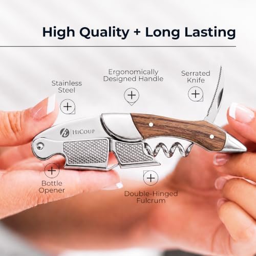 Hicoup Wine Opener - Professional Corkscrews for Wine Bottles w/Foil Cutter and Cap Remover - Manual Wine Key for Servers, Waiters, Bartenders and Home Use - Rosewood & Steel