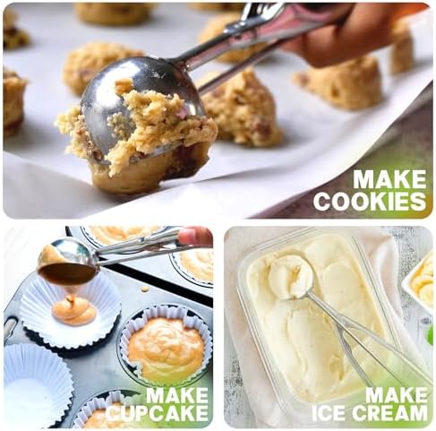 Ice Cream Scoop, 3 Pcs Stainless Steel Cookie Scoop, Meatball Maker Cookie Dough Scoops for Baking Set, Ice Cream Scooper with Trigger Release, Baking Supplies for Melon Baller, Fruit, Mini Cupcake