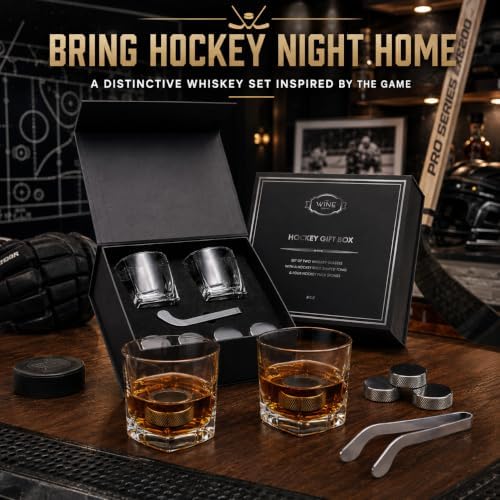 Hockey Puck Whiskey Stones Gift Set with 2 Glasses & Stick Tongs - 7pc Stainless Steel Chilling Rocks, Chill Non-Diluting Freezer Kit, Cool Hockey Gifts for Men, Him, Dad, N H L Gift Boyfriend & Fans