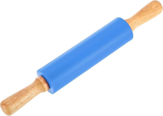 uxcell 7.5 Inch Silicone Rolling Pin, Small Dough Roller with Wood Handle for Pizza Pastry Fondant Kitchen, Blue