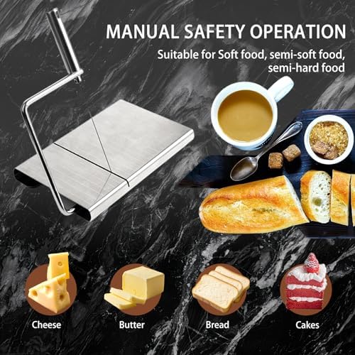 Cheese Slicer with 9 Replacement Wires, Heavy-Duty Stainless Steel Cheese Cutter Board, for Block Cheese, Dishwasher Safe