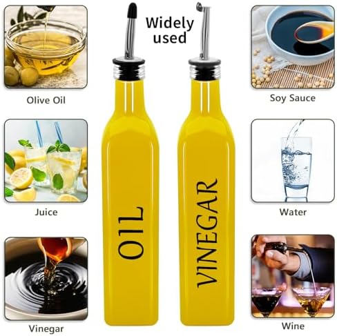 Olive Oil Dispenser Bottle,2 Pcs 17oz 500ml Glass O il and Vinegar Dispenser Set with 2 Stainless Steel Pourers, 8 Labels,Funnel Vinegar Bottles for Kitchen (Yellow)