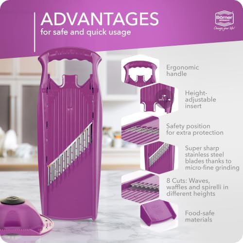 Börner by Reston Lloyd Wave-Waffle Power Line • Crinkle Cut/Spirelli Vegetable Slicer & Food Safety Holder • Slicer for Wave Waffle Cut Style • Multiple Thickness Options • Made in Germany, Purple