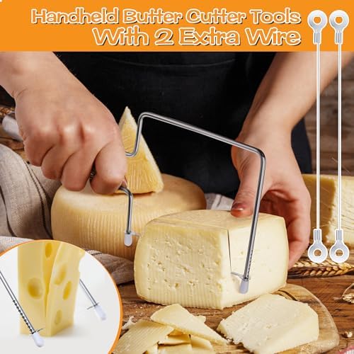 Feekoon 2 Pack Cheese Slicer Cutter with Extra 2 Wires, Stainless Steel Cheese Slicer with Adjustable Wire Cheese Cutter, Long Lasting Wires Cheese Slicer for Block Cheese and Butter Slicer, Silver