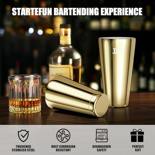 IOV Boston Cocktail Shaker Set, 18oz & 28oz Stainless Steel Weighted Shaker Tins, Metal Martini Drink Mixer for Bartending, Professional Bar Tools with Cocktail Recipe Guide, Gold