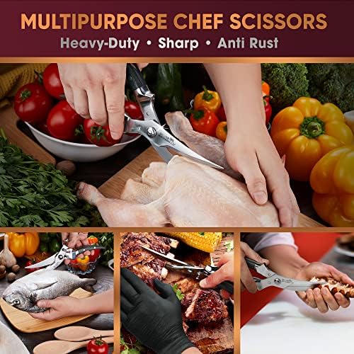 Heavy Duty Poultry Shears - Professional Stainless Steel Kitchen Scissors for Bone, Chicken, Meat, Fish & Vegetables - Spring Loaded (Black Wood Handles)