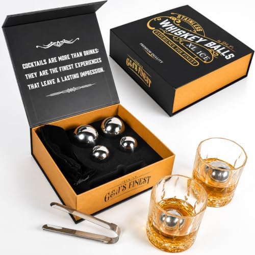 G&J's Finest Premium 4-Piece Stainless Steel Whiskey Chilling Ball Gift Set – 2 X-Large & 2 Large size Balls with Freezer Pouches and Tongs in Luxury Gift Box for Bourbon|Scotch|Whiskey(Not-Solid)