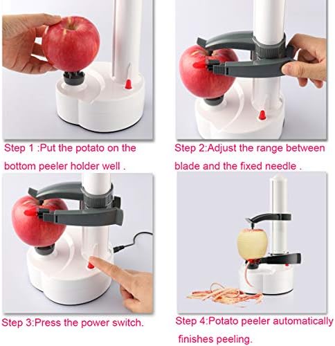 TOPCHANCES Automatic Electric Potato Peeler – 4-in-1 Fruit & Vegetable Peeler with Stainless Steel Blade, Battery Powered or USB, Easy Clean, for Apples Potatoes Carrots Cucumbers (White)