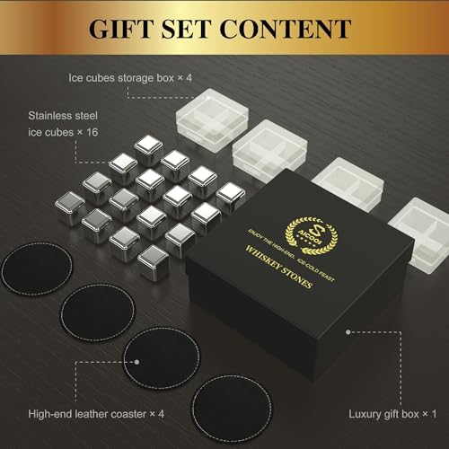 Gifts for Men Dad - Whiskey Stones Reusable Metal Steel Ice Cubes Set - Him or Husband White Elephant Stocking Stuffers for Adults Man - Cool Bourbon Anniversary Funny (16Pcs Ice)