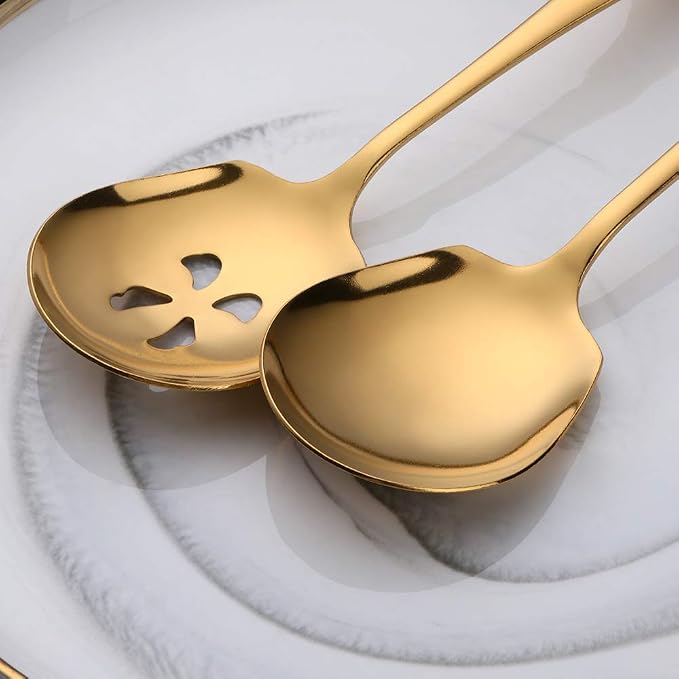 Meisha Serving Spoons Set, 3 Serving Spoons and 3 Slotted Serving Spoons, Matte Gold Stainless Steel Serving Utensils for Buffet Can Banquet Cooking Kitchen - Mirror Polished
