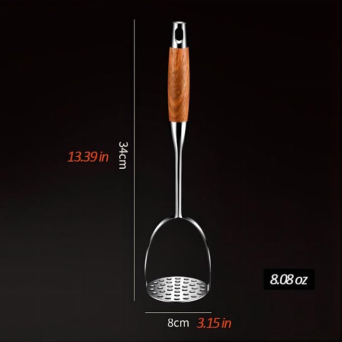 REDANT 13.5" Stainless Steel Potato Masher with Wooden Handle - Heavy Duty Metal Masher for Mashed Potatoes, Avocado, Beans & Sweet Potato - Commercial & Home Kitchen Utensil (Dishwasher Safe)
