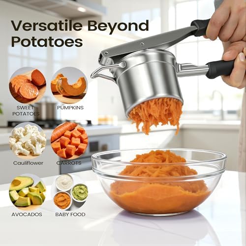 Brigii Potato Ricer, 304 Stainless Steel Manual Potato Press with Silicone Handle, Dishwasher Safe Kitchen Tool for Fluffy Mashed Potatoes