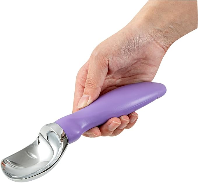 Restaurantware Comfy Grip 7.9 x 2 Inch Kitchen Ice Cream Scoop 1 Heavy-Duty Ice Cream Disher - Ergonomic PP Handle Dishwashable Purple Metal Ice Cream Spade With Lid Opener Notch Multi-Use