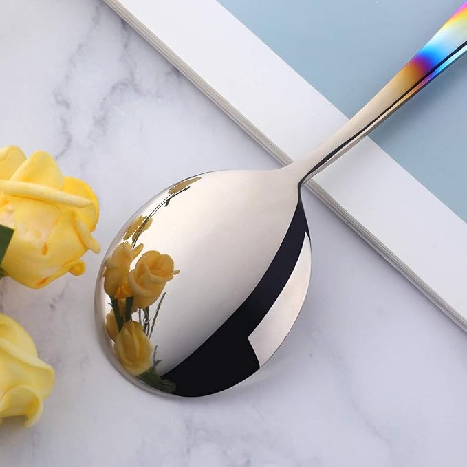 Buyer Star Bouillon Spoon Sets, 7-Inch Round Soup Spoons, Stainless Steel Finished Table Dinner Spoons (Gradient Rainbow)