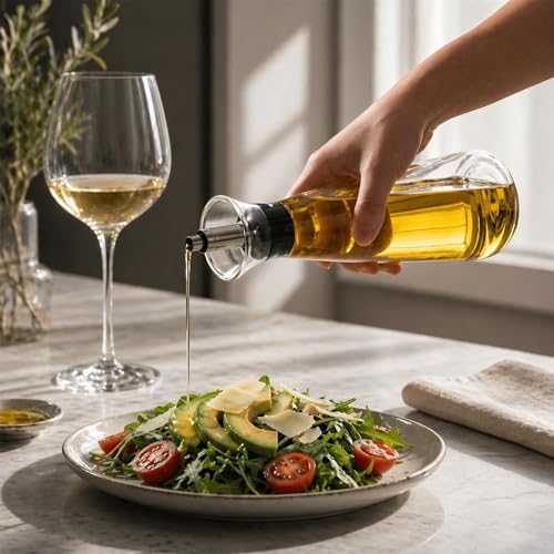 Restaurantware-Forma Professional 3 x 3 x 10.5 Inch Glass Oil Drizzler, 1 Borosilicate Olive Oil Dispenser - 17-Ounce Capacity, Stainless Steel Spout, Glass Bottle Dispenser, Silicone Cap, For Oils