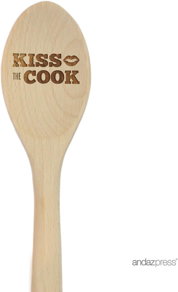 Andaz Press Laser Engraved Wooden Mixing Spoon, 12-inch, Kiss the Cook, 1-Pack
