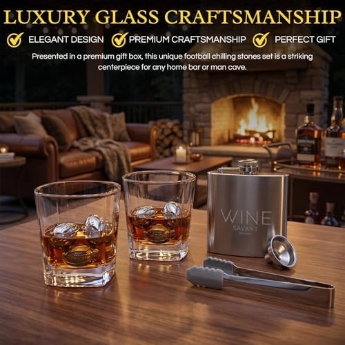 Football Gifts for Men Dad - Whiskey Glasses and Chilling Stones Gift Set, Whiskey Flask, Whiskey Glasses, Stainless Steel Whiskey Footballs, Slate Stone Coasters, Tongs Gift Box