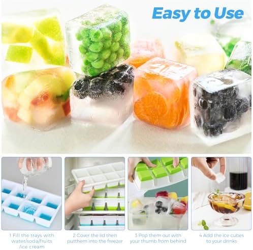 Large Ice Cube Tray, 4 Piece Silicone Ice Cube Tray with Lid for Whiskey, Cocktails, Beer, Wine, Refrigerated Drinks, BPA Free, Stackable Reusable (Green+Blue+Yellow+Pink)