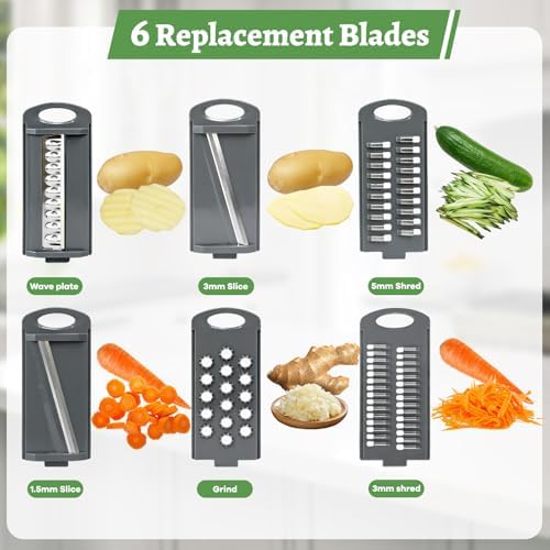 6-in-1 Mandoline Slicer for Kitchen, Multi Blade Veggie Cutter with Drainage Tray, Stainless Steel Blades, BPA-Free, Non-Slip Base & Easy Clean for Meal Prep (stainless steel)