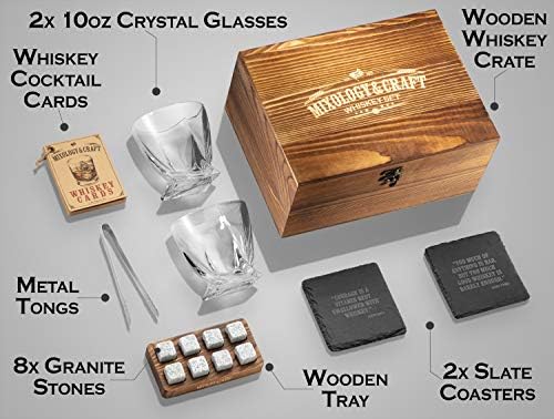 Mixology Whiskey Stones Gift Set for Men - Pack of 2, 10 oz Whiskey Glasses w/ 8 Granite Chilling Rocks, 2 Coasters, Metal Tong & Cocktail Cards in Wooden Box - Twist