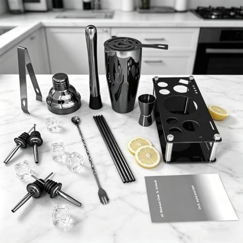 14-Piece Cocktail Shaker Set with Stand, Bartender Kit, 25oz Shakers, Bar Set Cocktail Shaker Set, Jigger for Bartending Kit, Drink Mixer Set, Cocktail Set Recipes Booklet Home, Bar, Party (Black)