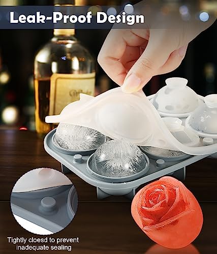2Pack Silicone Square and Round Ice Cube Trays for Freezer - Sphere, Rose, Diamond Ice Molds for Whiskey, Cocktails & DIY, Gray