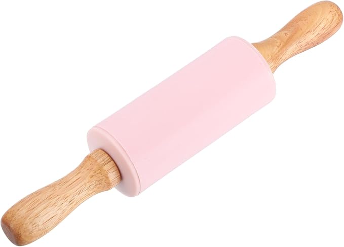 uxcell Rolling Pins for Baking, 9 Inch Silicone Non-Stick Rolling Pin Baking Roller Wooden Handle for Home Kitchen Dough Cookies Pastry, Pink
