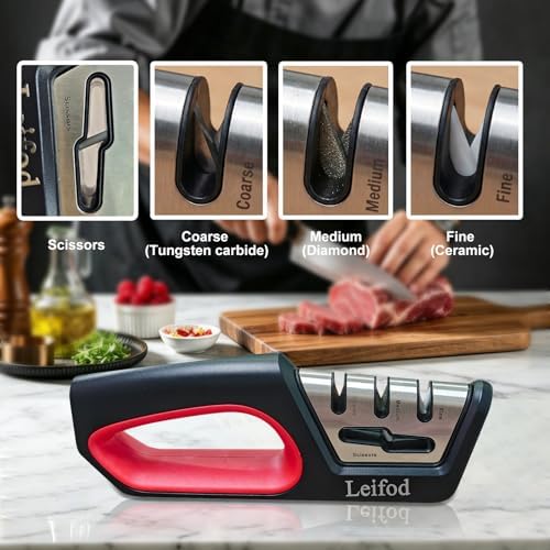 4in1 Knife Sharpener,3-Stage Manual Guided Knife Sharpeners,with Ceramic Stone, Tungsten Carbide Plates, Diamond rods
