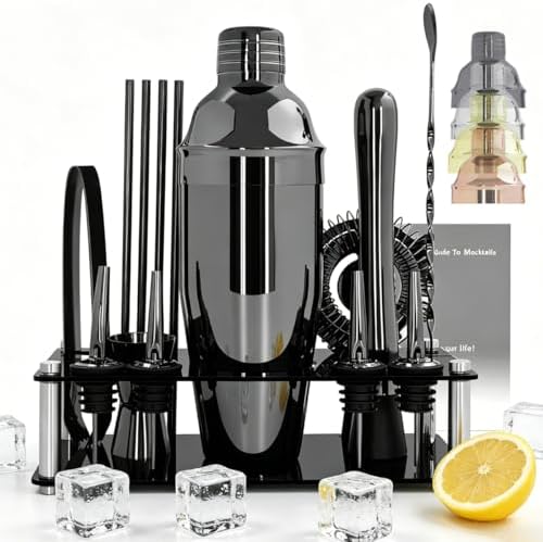 14-Piece Cocktail Shaker Set with Stand, Bartender Kit, 25oz Shakers, Bar Set Cocktail Shaker Set, Jigger for Bartending Kit, Drink Mixer Set, Cocktail Set Recipes Booklet Home, Bar, Party (Black)