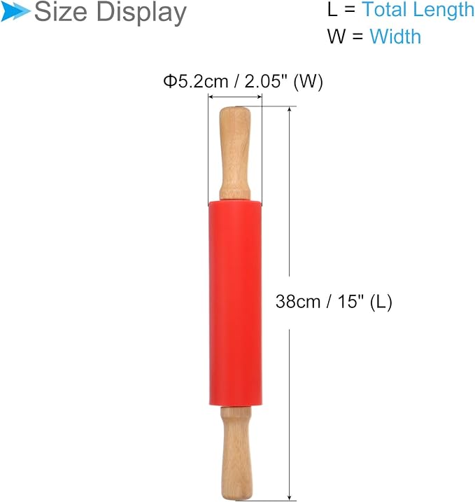 Silicone Rolling Pins, 15" Length, Silicone & Oak Non-Stick Ergonomic Wooden Handle Fondant Dough Roller Red - (Applications: for Baking DIY Projects)