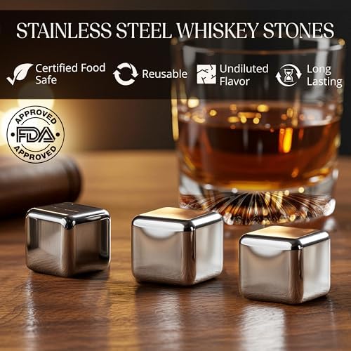 Whiskey Gift Set, Glass, Leather Coaster, Stainless Steel Stones, Box